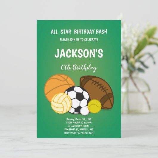Editable Multi-Sport-Party Einladung für Jungen (Stehend Vorderseite)