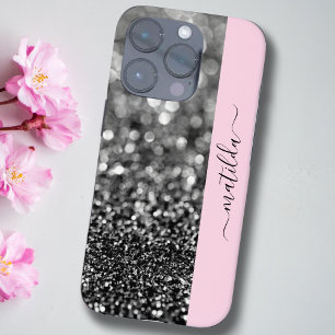 EDITABLE Name Glitzer Bokeh graphit & baby pink iPhone 16 Pro Hülle