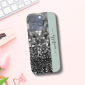 EDITABLE Name Glitzer Bokeh graphite & sage green iPhone Hülle