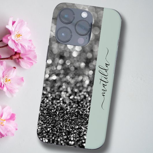 EDITABLE Name Glitzer Bokeh graphite & sage green iPhone Hülle