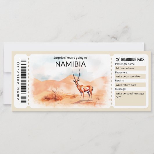 Editable Namibia Boarding Pass Flugzeug Ticket Einladung (Vorderseite)