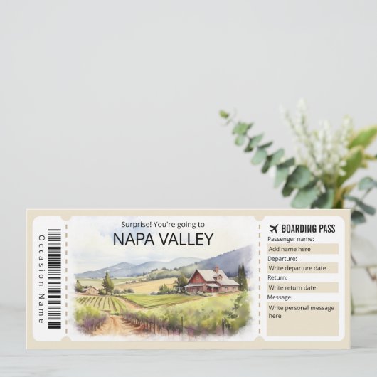 Editable Napa Valley Flugzeug Ticket, Kalifornien Einladung (Stehend Vorderseite)