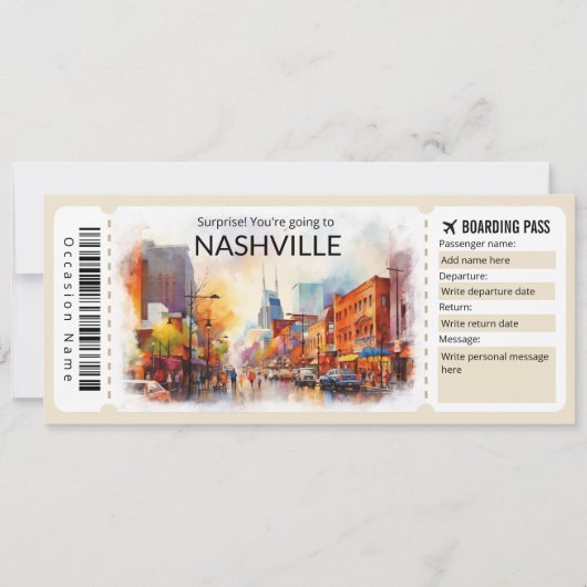 Editable Nashville Flugzeug Ticket, Tennessee Trip Einladung (Vorderseite)