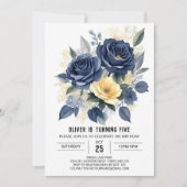 Editable Navy Blue Floral Birthday Einladung (Vorderseite)
