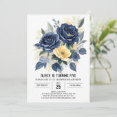 Editable Navy Blue Floral Birthday Einladung (Stehend Vorderseite)