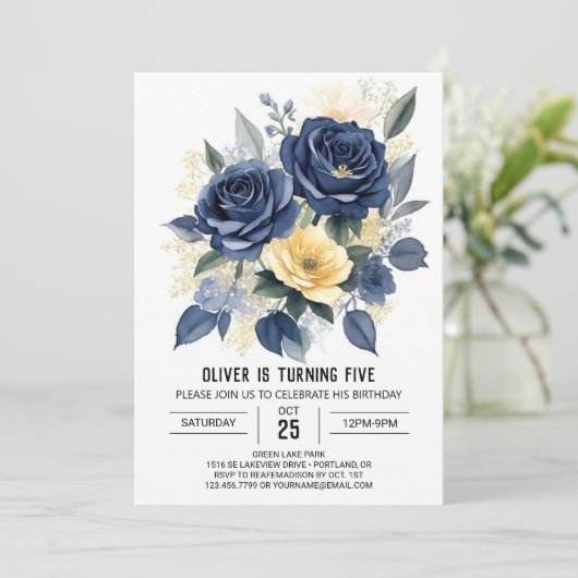 Editable Navy Blue Floral Birthday Einladung (Stehend Vorderseite)