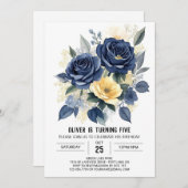 Editable Navy Blue Floral Birthday Einladung (Vorne/Hinten)