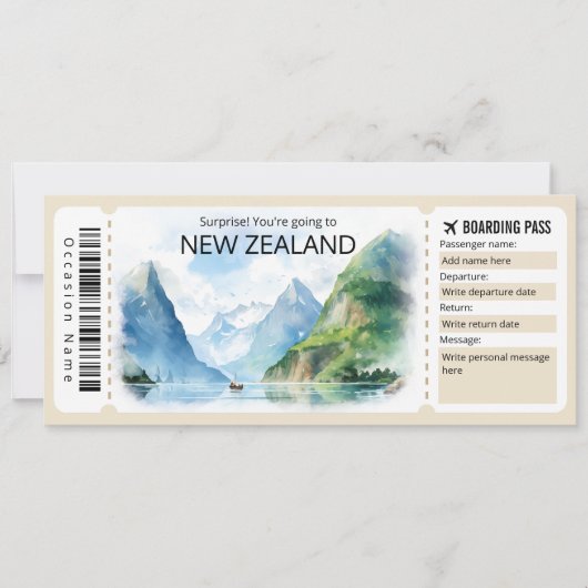 Editable New Zealand Flugzeug ticket, Neuseeland Einladung (Vorderseite)