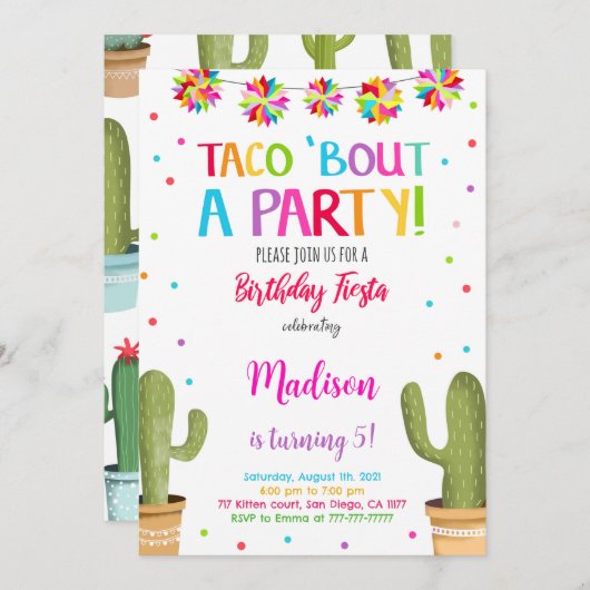 Editable Niedlich Fiesta Birthday Party Einladung (Vorne/Hinten)
