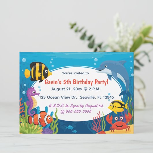 Editable Ocean Creatures Birthday Einladung (Stehend Vorderseite)
