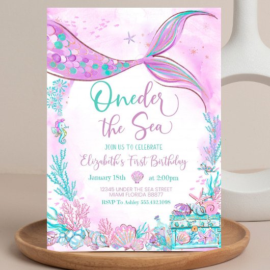 Editable Oneder Sea Mermaid Lila Aquamarin First Einladung