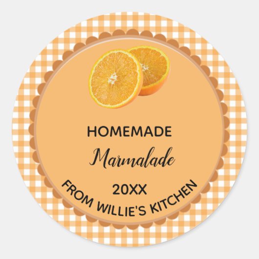 Editable Orange Gingham Marmalade Label Stickers! Runder Aufkleber (Vorderseite)