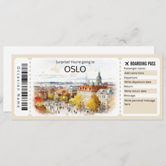 Editable Oslo Flugzeug Ticket, Norwegen Trip Einladung (Vorne/Hinten)