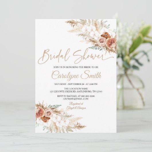 Editable Pampas Grass Bridal Dusche Einladung (Stehend Vorderseite)