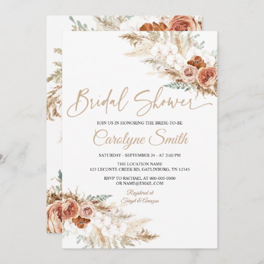 Editable Pampas Grass Bridal Dusche Einladung (Vorne/Hinten)