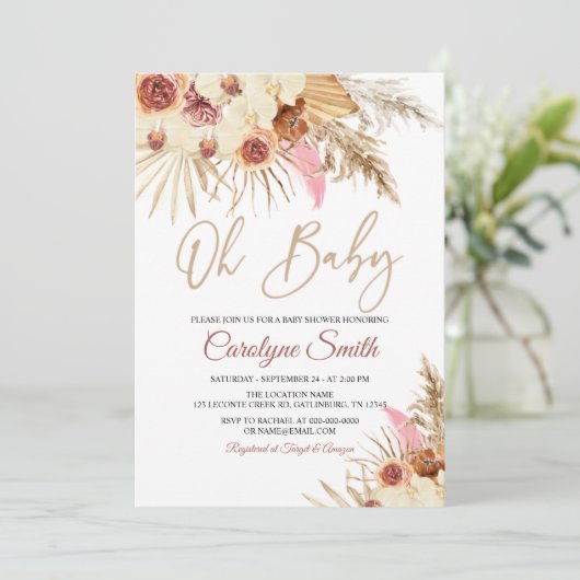 Editable Pampas Grass Oh Baby Dusche Einladung (Stehend Vorderseite)
