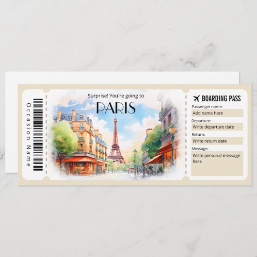 Editable Paris Flugzeug Boarding Pass Ticket Einladung (Vorne/Hinten)