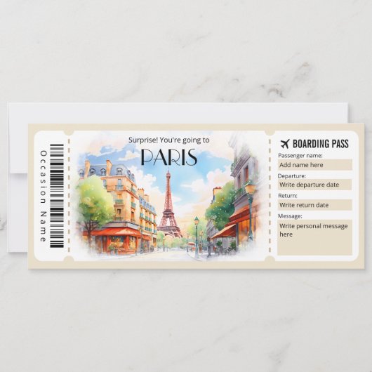 Editable Paris Flugzeug Boarding Pass Ticket Einladung (Vorderseite)