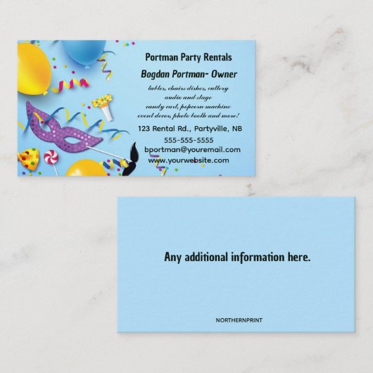 Editable Party Rentals Visitenkarte (Vorne/Hinten)