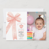 Editable Peach Bow First Girl Birthday Foto Einladung (Vorderseite)