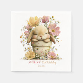 Editable Peach Gingham Bunny 1st Birthday Decor, Serviette