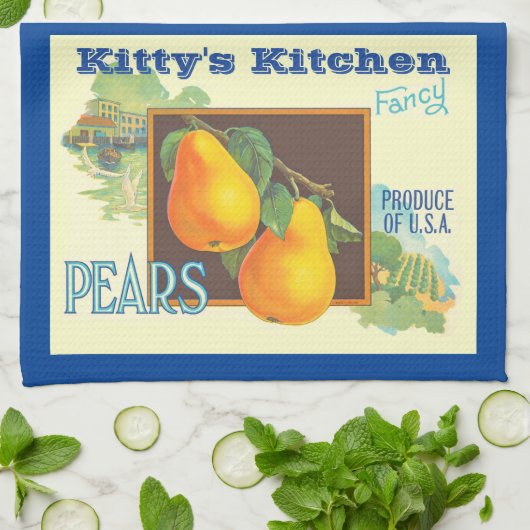 Editable Pears Vintage Fruit Crate Art Geschirrtuch (Gefaltet)