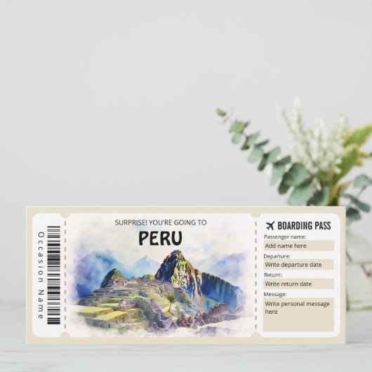 Editable Peru Flugzeug Boarding Pass Einladung (Stehend Vorderseite)