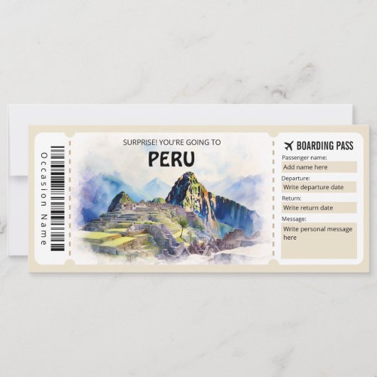 Editable Peru Flugzeug Boarding Pass Einladung (Vorderseite)