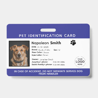 Editable Pet ID Card ,Navy White Service Dog Logo Ausweis