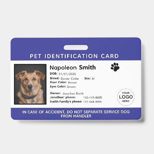 Editable Pet ID Card ,Navy White Service Dog Logo Ausweis (Front)