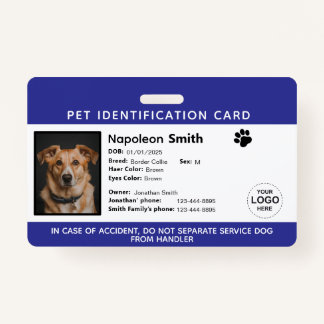 Editable Pet ID Card ,Navy White Service Dog Logo Ausweis