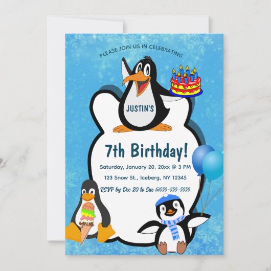 Editable Pinguine in Snow Birthday Einladung (Vorderseite)