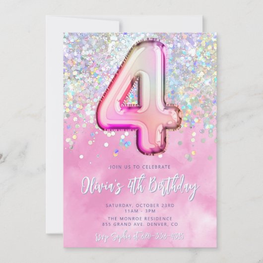 Editable Pink 4th Birthday Einladung Template Gli (Vorderseite)