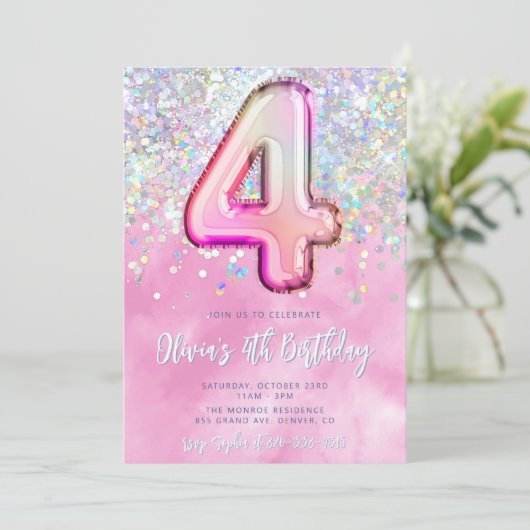 Editable Pink 4th Birthday Einladung Template Gli (Stehend Vorderseite)