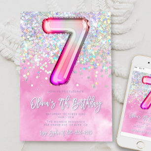 Editable Pink 7. Geburtstag Einladung Vorlage Gli