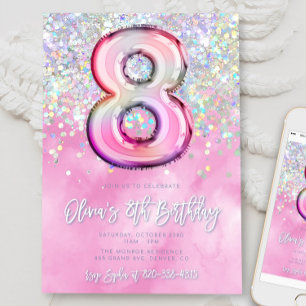 Editable Pink 8. Geburtstag Einladung Vorlage Gli