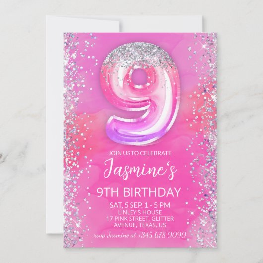 Editable Pink 9th Birthday Einladung Template 9 (Vorderseite)