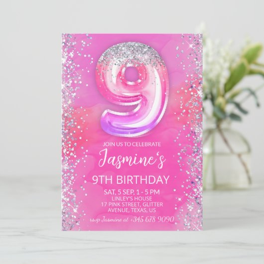 Editable Pink 9th Birthday Einladung Template 9 (Stehend Vorderseite)