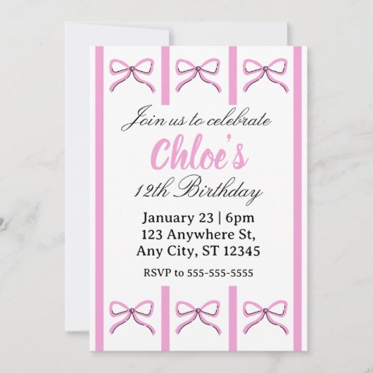 Editable pink bow birthday invite einladung (Vorderseite)