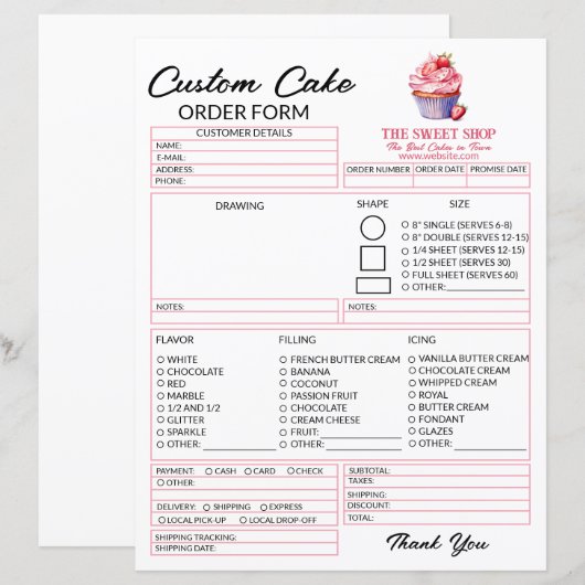 Editable Pink Cake Order Form Template for Bakers (Vorne/Hinten)