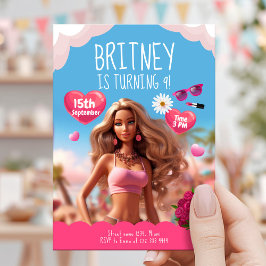 Editable Pink Doll Thema Geburtstag Einladung