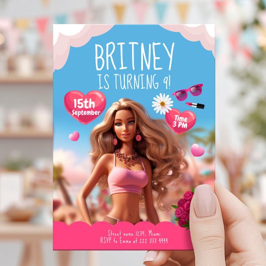 Editable Pink Doll Thema Geburtstag Einladung