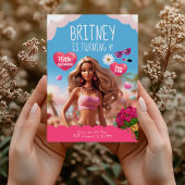 Editable Pink Doll Thema Geburtstag Einladung