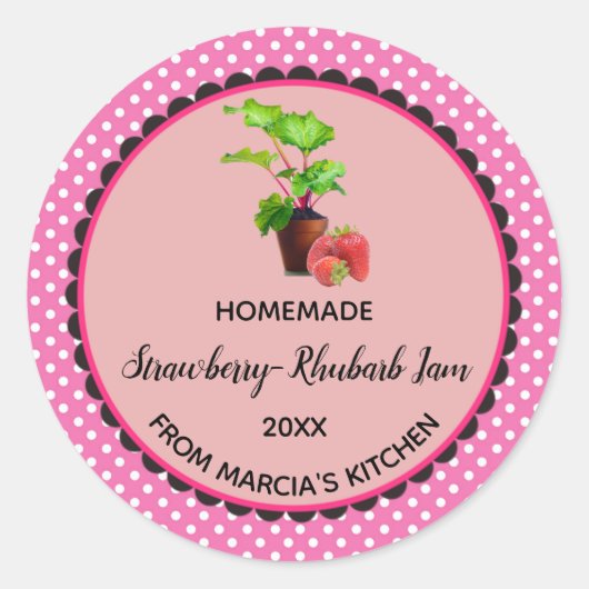 Editable Pink Gingham Strawberry Rhubarb Jam Label Runder Aufkleber (Vorderseite)