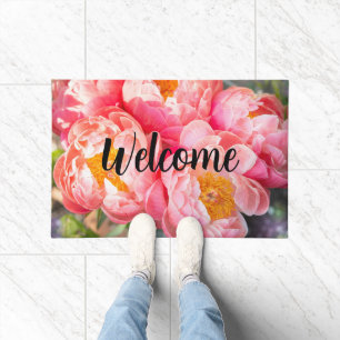 Editable Pink Peonies Willkommen Fußmatte