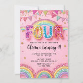 Editable Pink Rainbow Sequin 4th Birthday Invitati Einladung (Vorderseite)