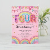 Editable Pink Rainbow Sequin 4th Birthday Invitati Einladung (Stehend Vorderseite)