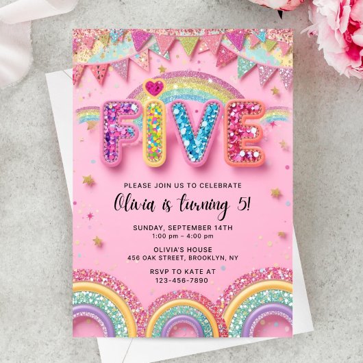 Editable Pink Rainbow Sequin 5th Birthday Invitati Einladung