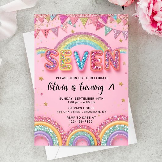 Editable Pink Rainbow Sequin 7th Birthday Invitati Einladung