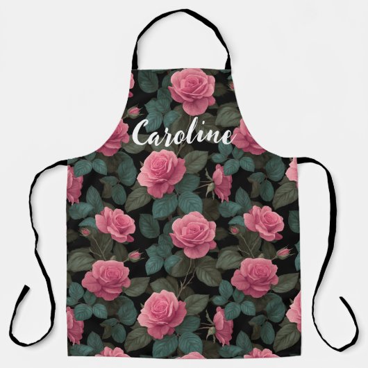 Editable Pink Roses on Black Floral Pattern Custom Schürze (Vorderseite)